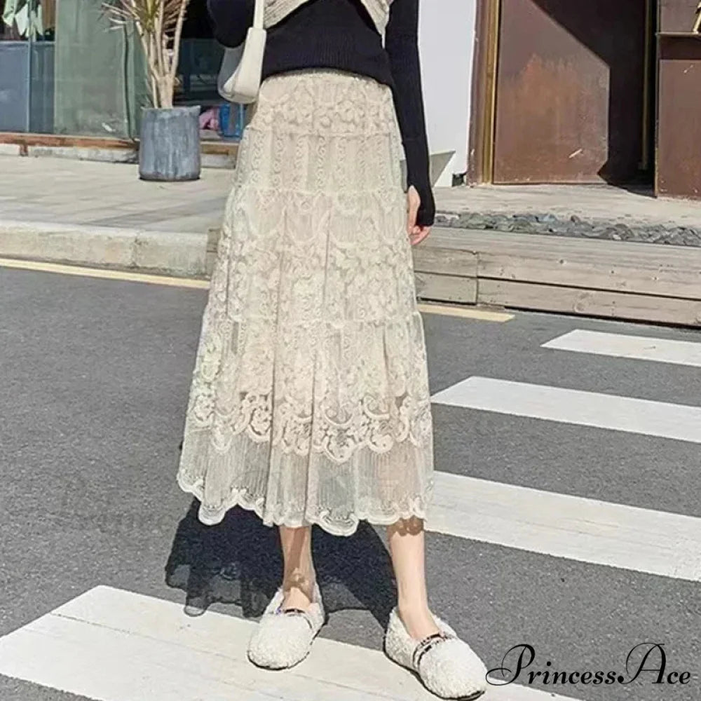 Stitched Blossom Lace Elevated Waist Bohemian Skirt skirt-250126