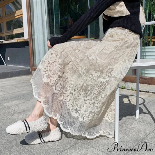 Stitched Blossom Lace Elevated Waist Bohemian Skirt Beige / One Size skirt-250126