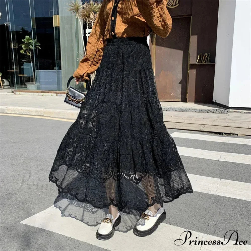 Stitched Blossom Lace Elevated Waist Bohemian Skirt Black / One Size skirt-250126