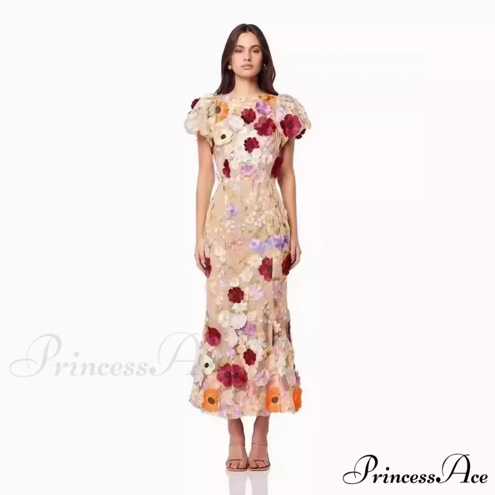 Stitched Blossom Pattern Puffed Sleeve Celebration Gown Color / S floraldress-250126