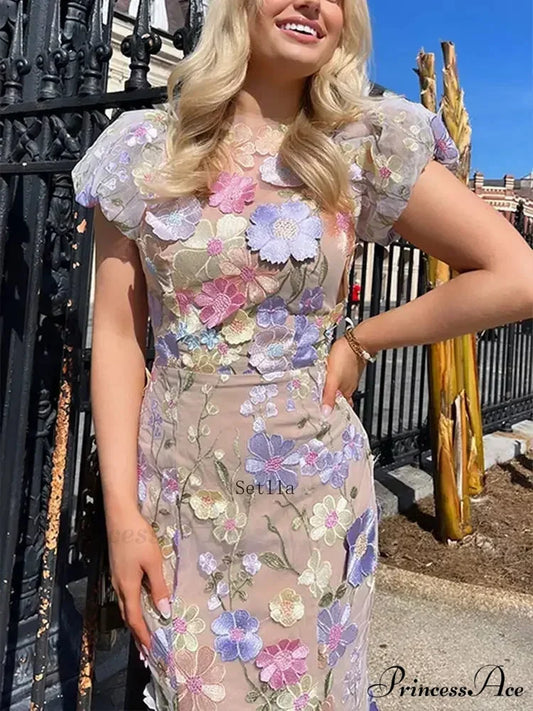 Stitched Blossom Pattern Puffed Sleeve Celebration Gown floraldress-250126