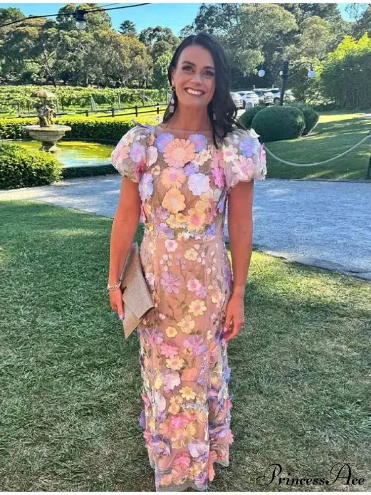 Stitched Blossom Pattern Puffed Sleeve Celebration Gown floraldress-250126