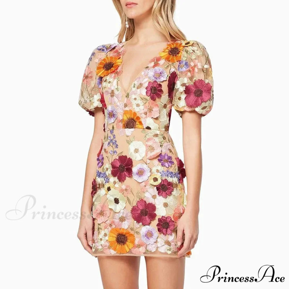 Stitched Blossom Pattern Puffed Sleeve Celebration Gown Short 1 / S floraldress-250126