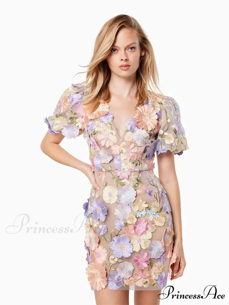 Stitched Blossom Pattern Puffed Sleeve Celebration Gown Short 2 / S floraldress-250126