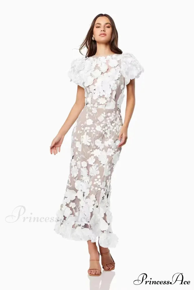 Stitched Blossom Pattern Puffed Sleeve Celebration Gown WHITE / S floraldress-250126