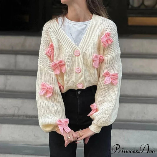 Stitched Bow Plunging Neckline Cardigan White / S cardigans-241228