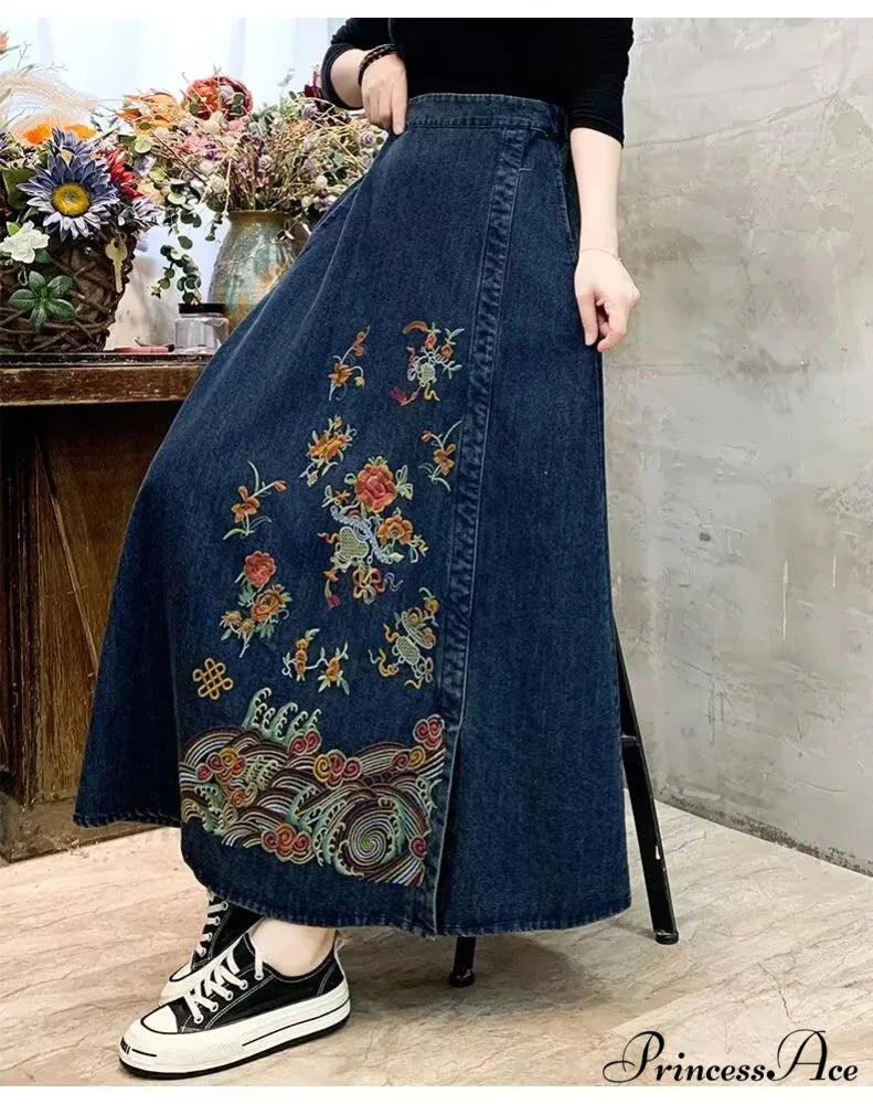 Stitched Denim High Waist Japanese Forest Long Relaxed Skirt skirt-250126