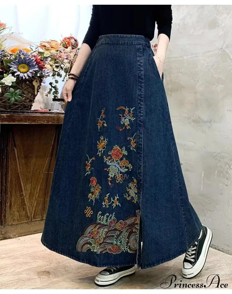 Stitched Denim High Waist Japanese Forest Long Relaxed Skirt skirt-250126