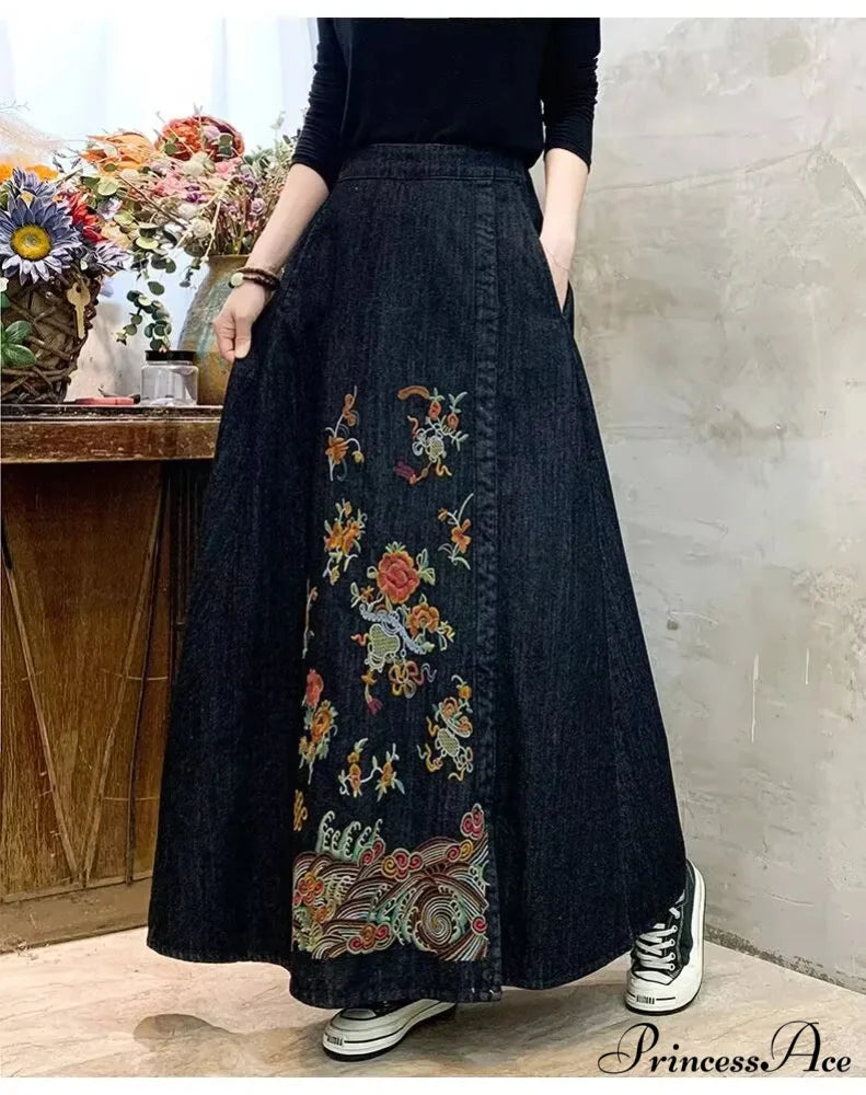 Stitched Denim High Waist Japanese Forest Long Relaxed Skirt skirt-250126