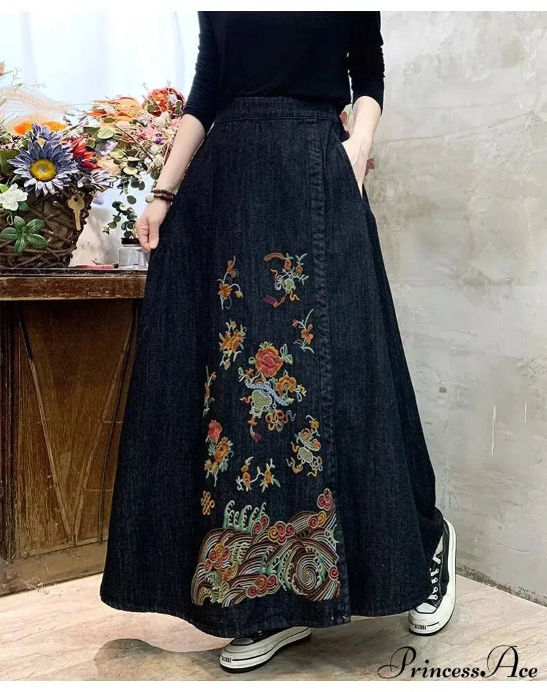 Stitched Denim High Waist Japanese Forest Long Relaxed Skirt skirt-250126