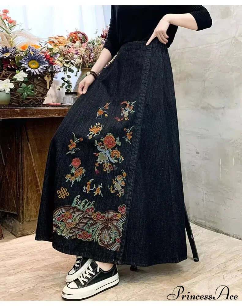 Stitched Denim High Waist Japanese Forest Long Relaxed Skirt BLACK / One Size skirt-250126
