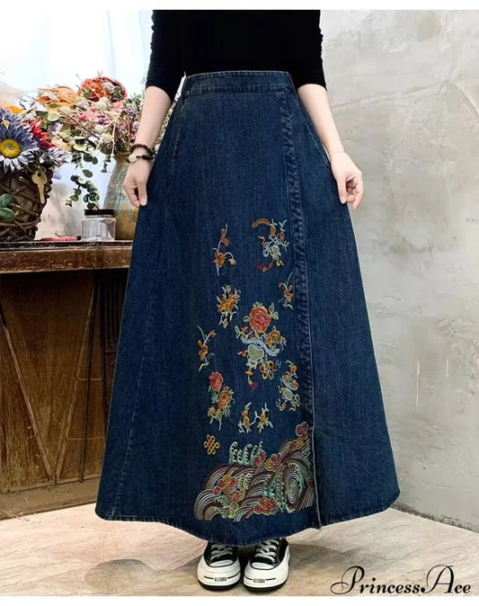 Stitched Denim High Waist Japanese Forest Long Relaxed Skirt LIGHT BLUE / One Size skirt-250126