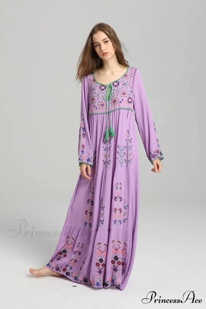 Stitched Flowery Long-sleeved Wanderer Maxi Boho Dress Purple / One Size bohodress-250126