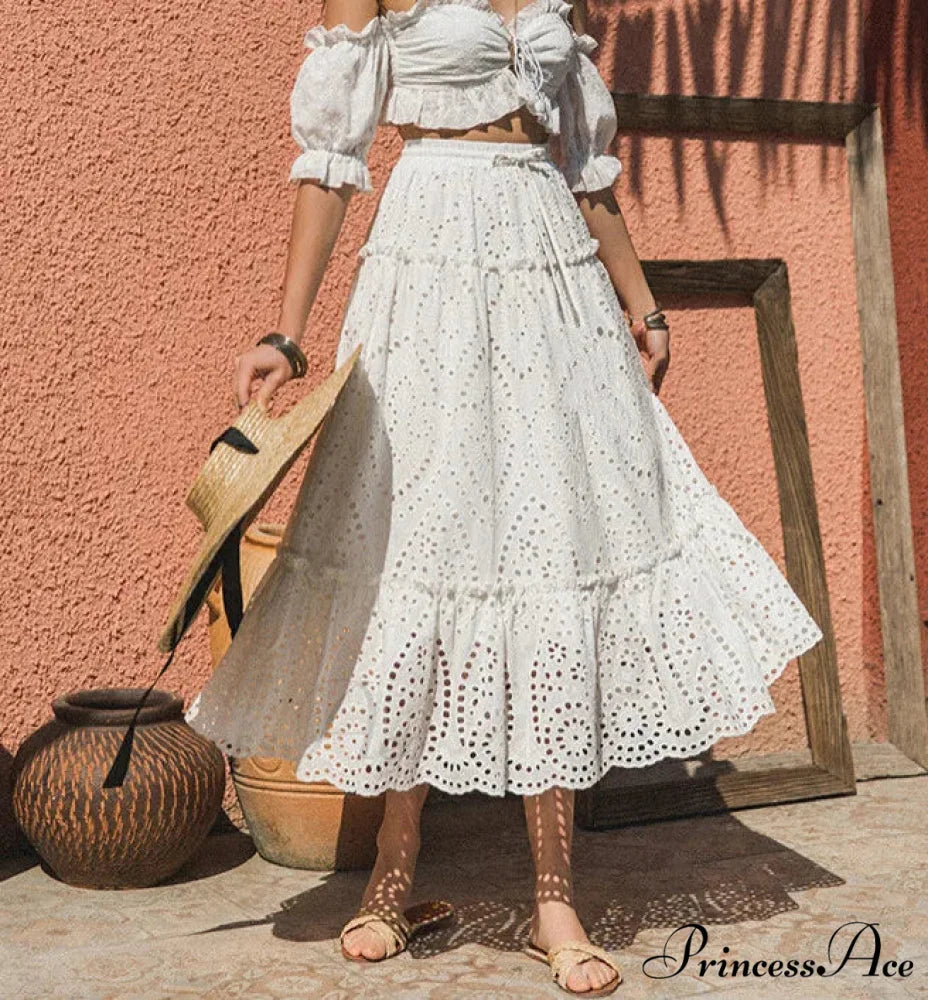 Stitched High Waist Bohemian Skirt WHITE / One Size skirts-250223