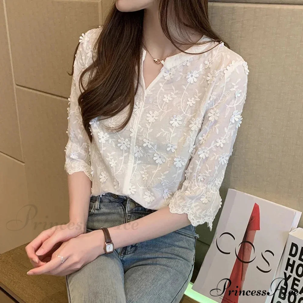 Stitched Ivory Cotton Flower Korean Style Blouse blouse-250126
