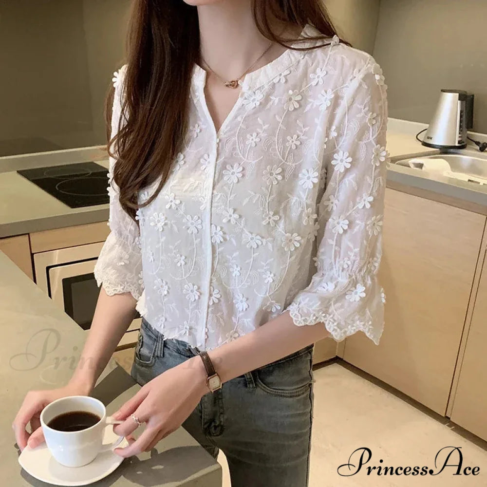 Stitched Ivory Cotton Flower Korean Style Blouse WHITE / S blouse-250126