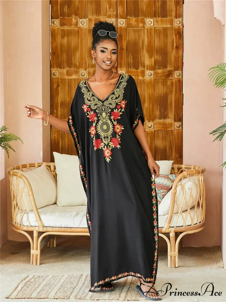 Stitched Kaftan Seaside Holiday Flowered Attire Black / One Size oldfloraldress-250126