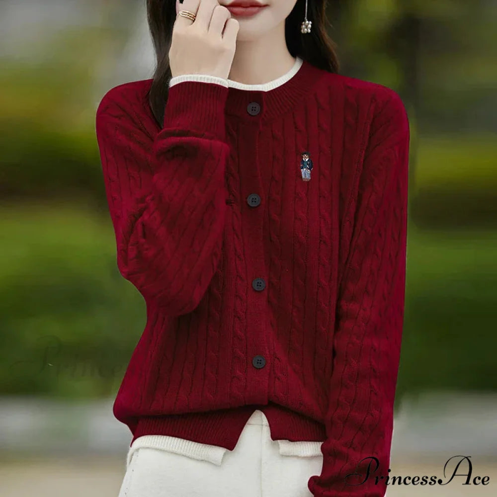Stitched Small Bear Baggy Cashmere O-Neck Cardigan Ankela Red / M cardiagn-250126