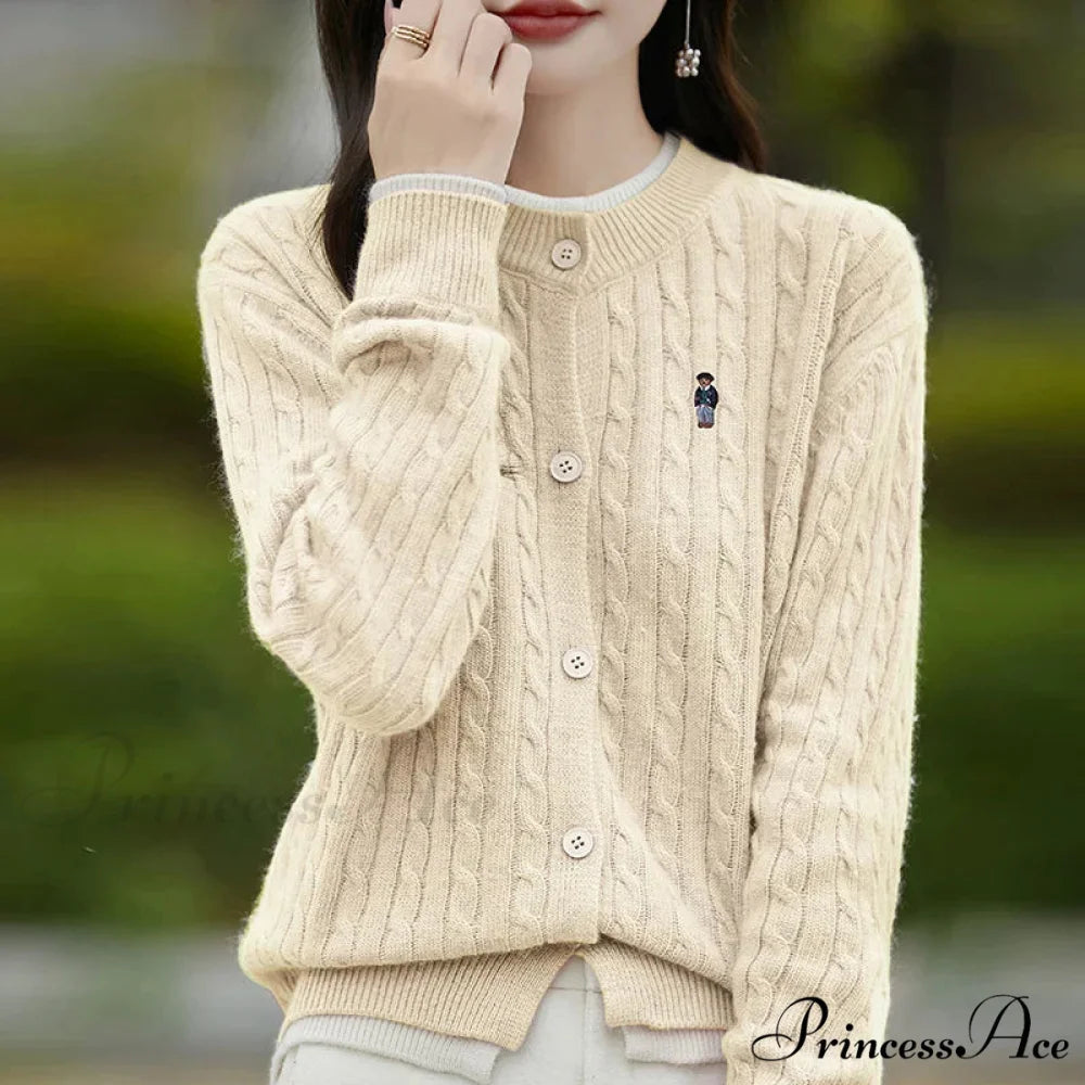 Stitched Small Bear Baggy Cashmere O-Neck Cardigan apricot / M cardiagn-250126