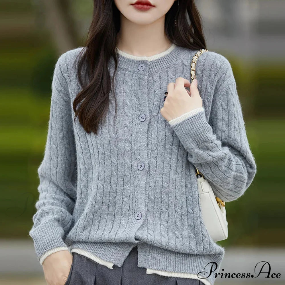 Stitched Small Bear Baggy Cashmere O-Neck Cardigan Light gray / M cardiagn-250126