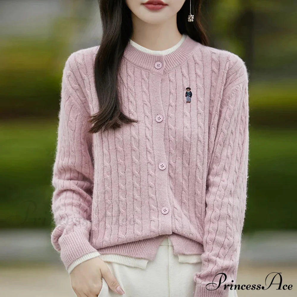 Stitched Small Bear Baggy Cashmere O-Neck Cardigan Pink / M cardiagn-250126