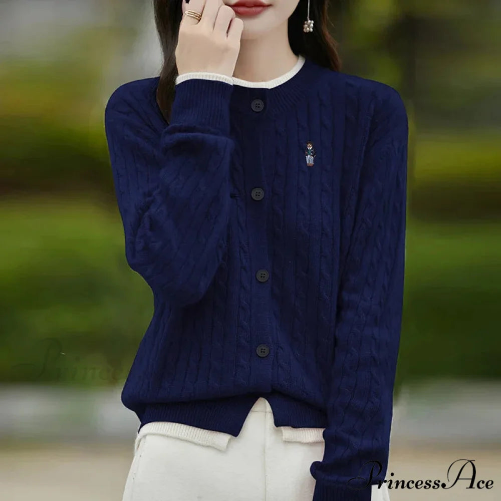 Stitched Small Bear Baggy Cashmere O-Neck Cardigan Tibetan Blue / M cardiagn-250126