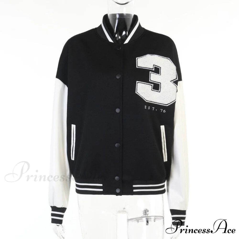 Stitching Letters Embroidery Baseball Uniform Jacket Black 3 / S