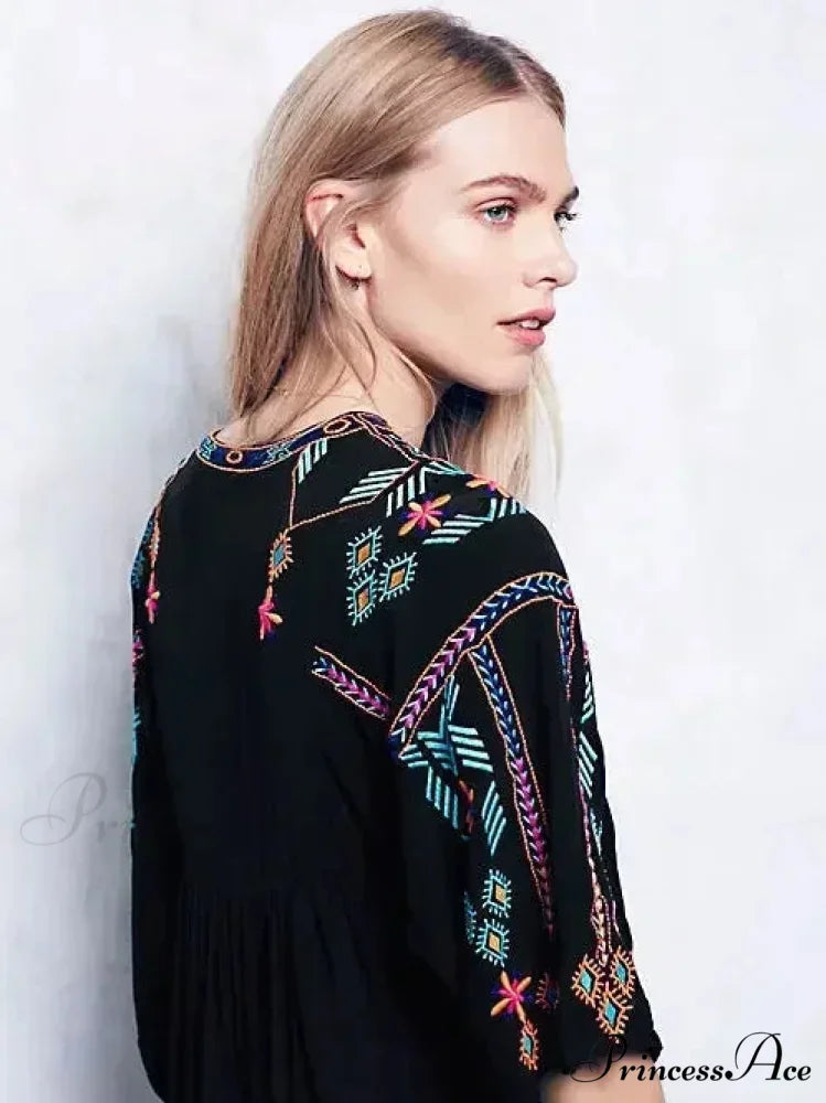 Stitching Relaxed Plunging Neckline Black Sophisticated Boho Dress Black / S bohodress-250126