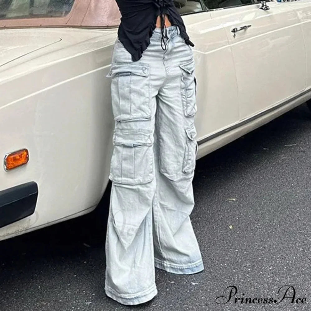 Straight Casual Multi-pocket Paneled Cargo Fashion Washed Wide Leg High-waisted High Street Y2K Jean Blue / S