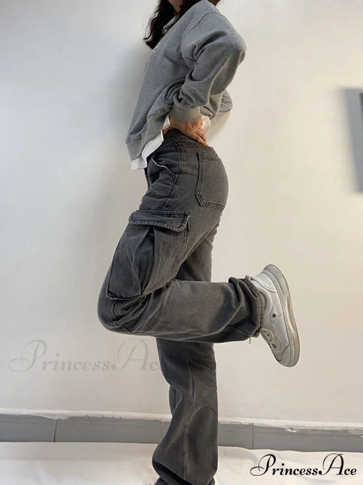 Straight High Waist Vintage Cargo Trousers