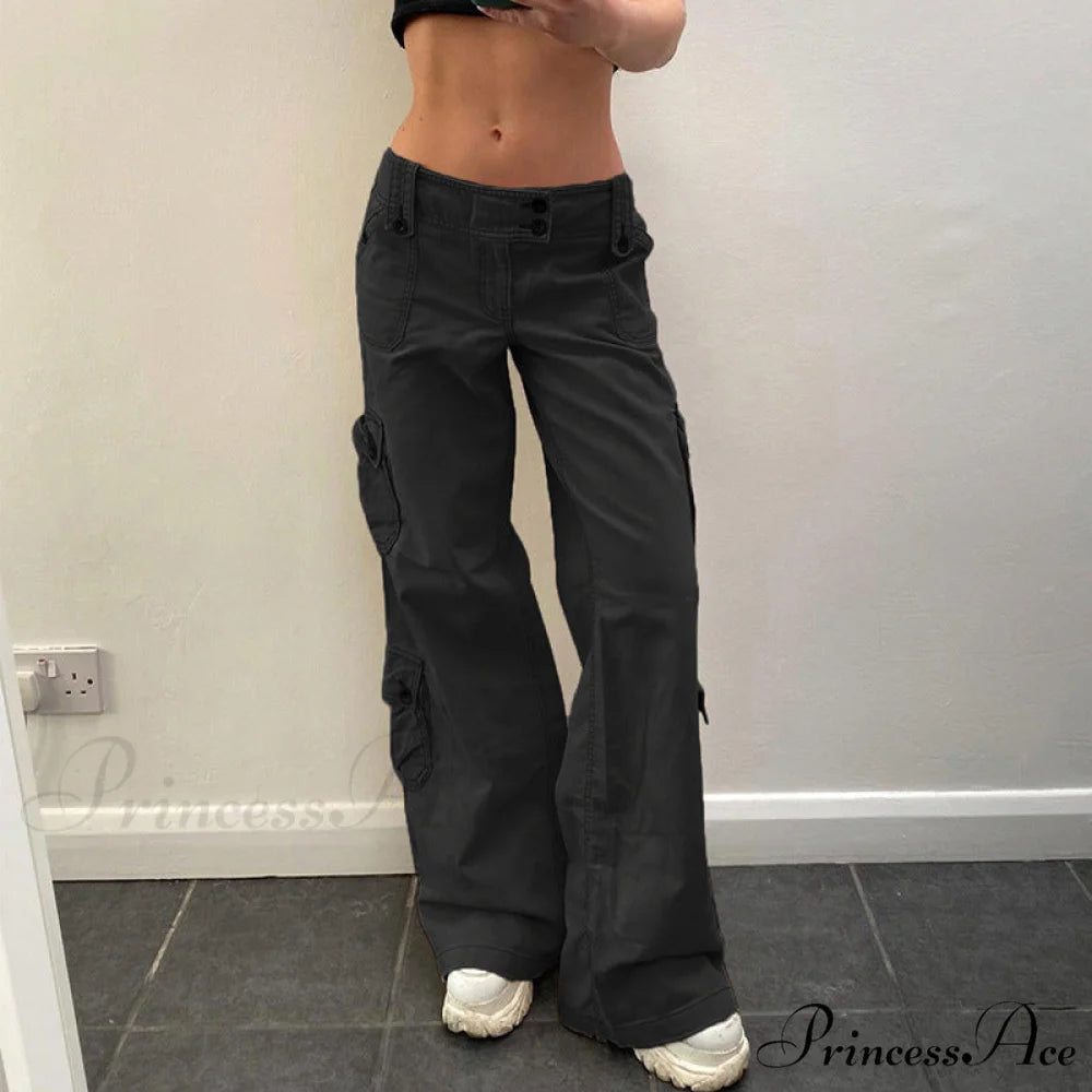 Straight High Waist Vintage Cargo Trousers Black / S