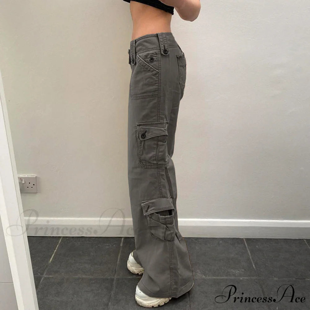 Straight High Waist Vintage Cargo Trousers Gray / S
