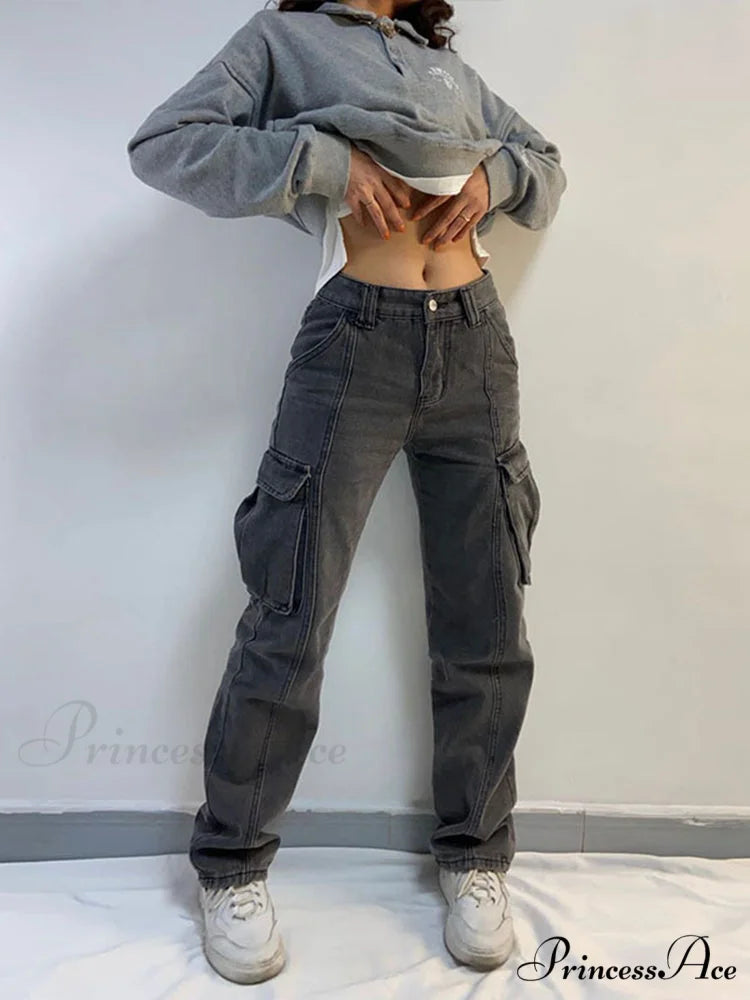 Straight High Waist Vintage Cargo Trousers Grey / S
