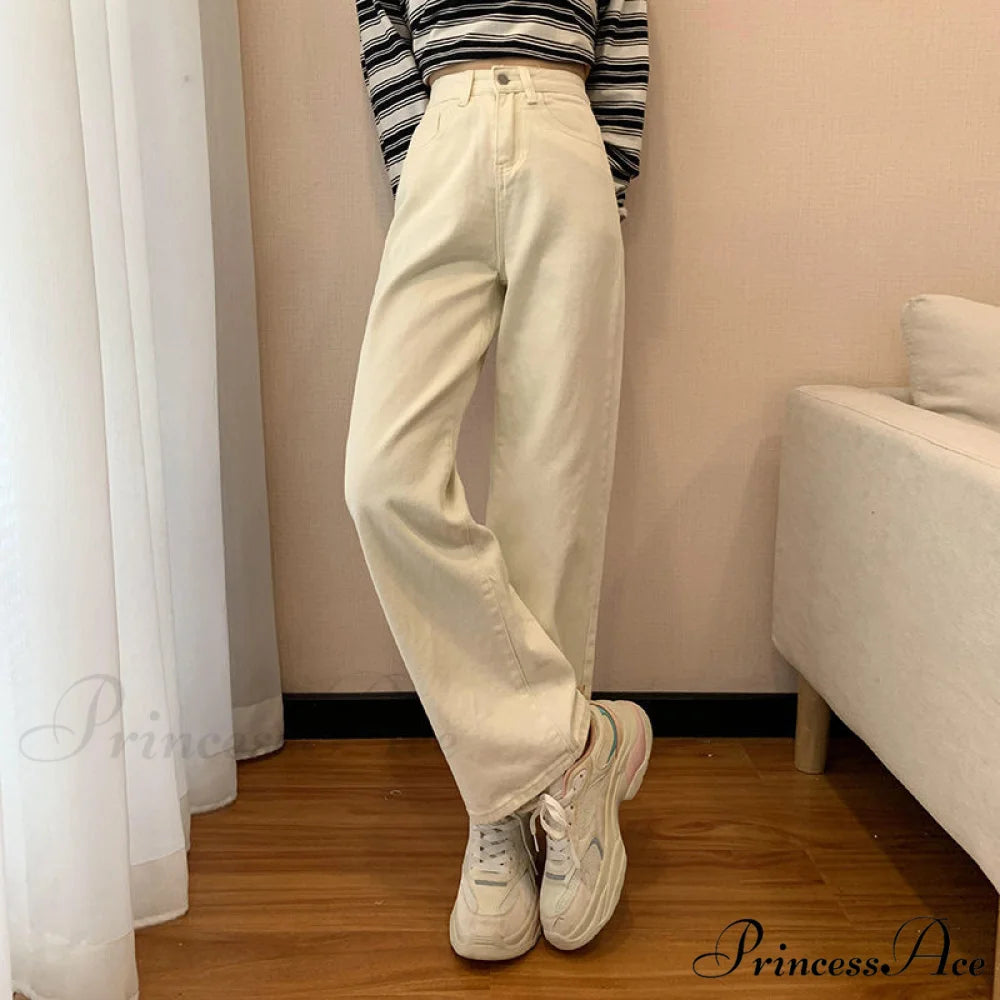 Straight Leg High Waist Stretch Denim Trousers Beige / XS