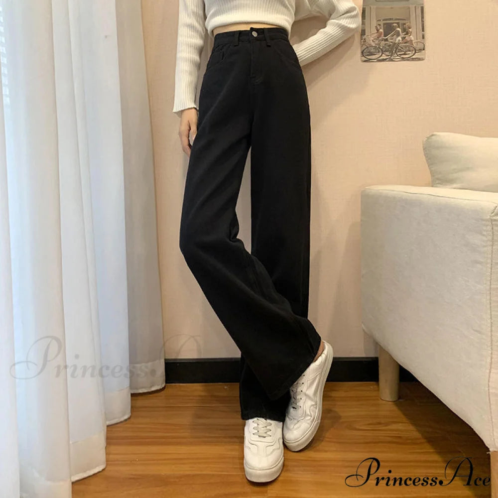 Straight Leg High Waist Stretch Denim Trousers Black / XS