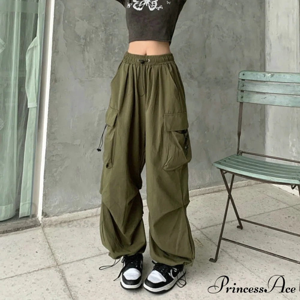 Straight Trousers Fashion Wide Leg Pockets Joggers Trousers Army Green / S