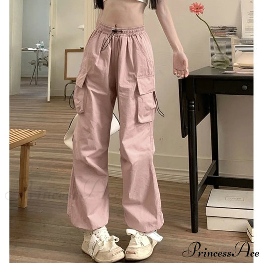 Straight Trousers Fashion Wide Leg Pockets Joggers Trousers Pink / S