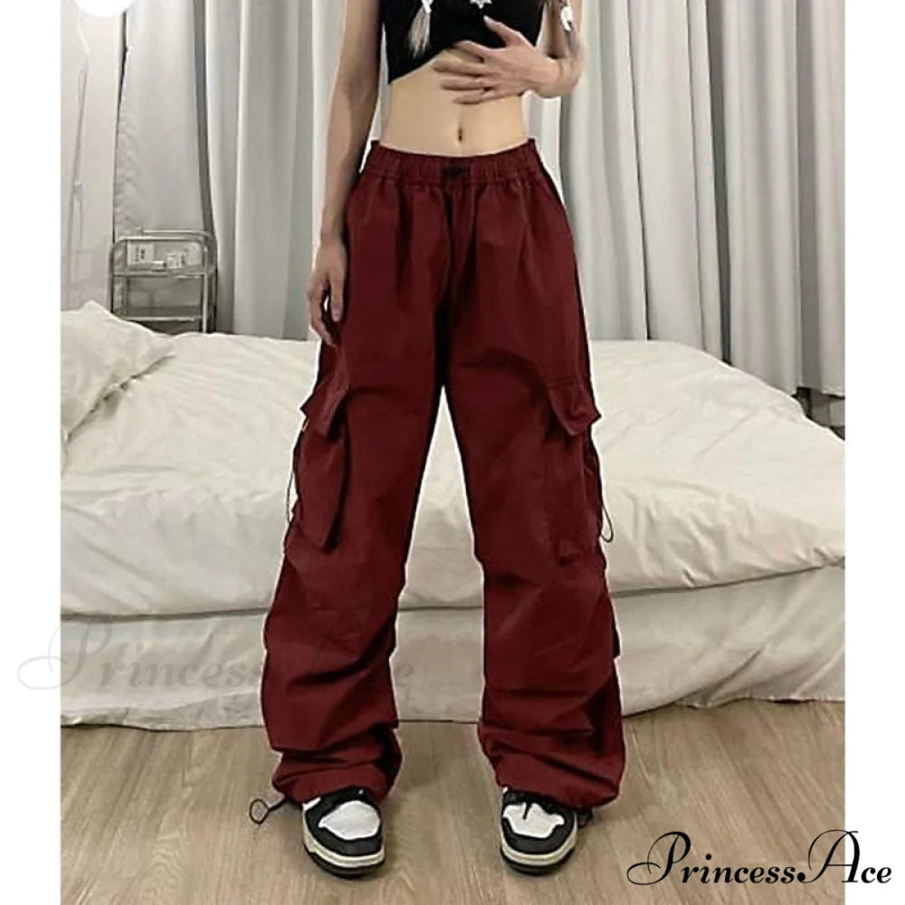 Straight Trousers Fashion Wide Leg Pockets Joggers Trousers Red / S