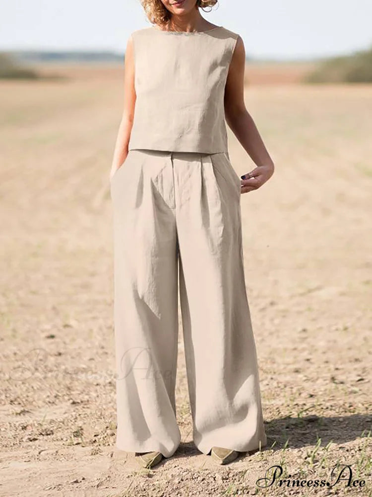 Straight Wide Set + for O-Neck Pants Two Blouse Sleeveless Solid Piece Top Color Vintage Suit Leg Women