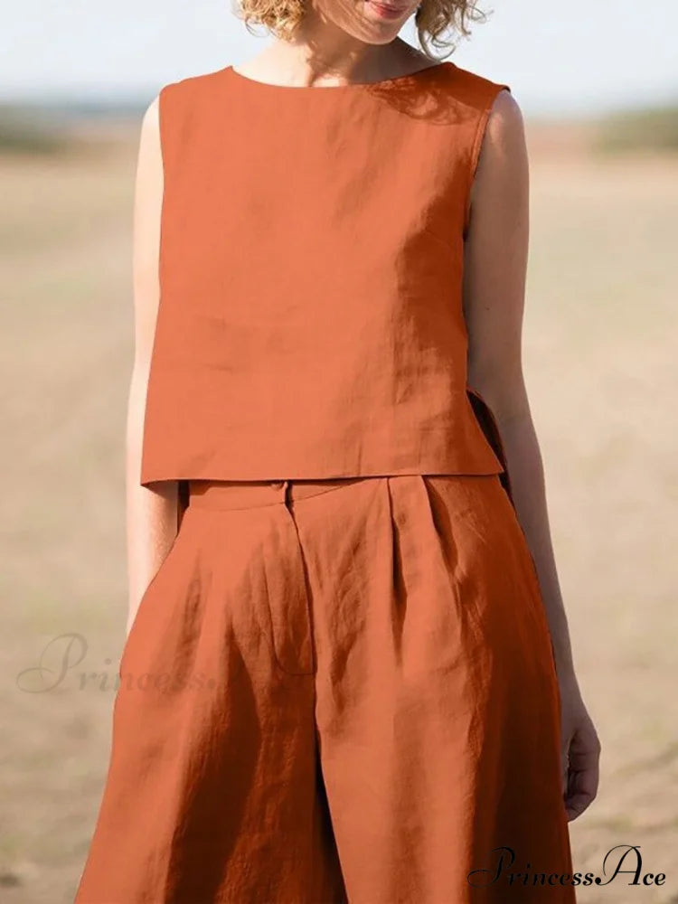 Straight Wide Set + for O-Neck Pants Two Blouse Sleeveless Solid Piece Top Color Vintage Suit Leg Women