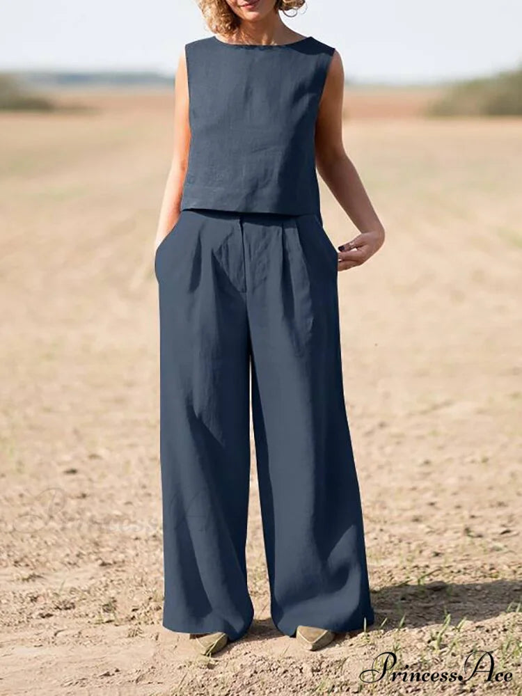 Straight Wide Set + for O-Neck Pants Two Blouse Sleeveless Solid Piece Top Color Vintage Suit Leg Women Dark Blue / S