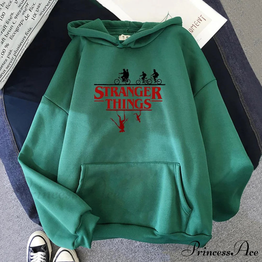 Stranger Things Anime Print Hoodies Dark Green / S