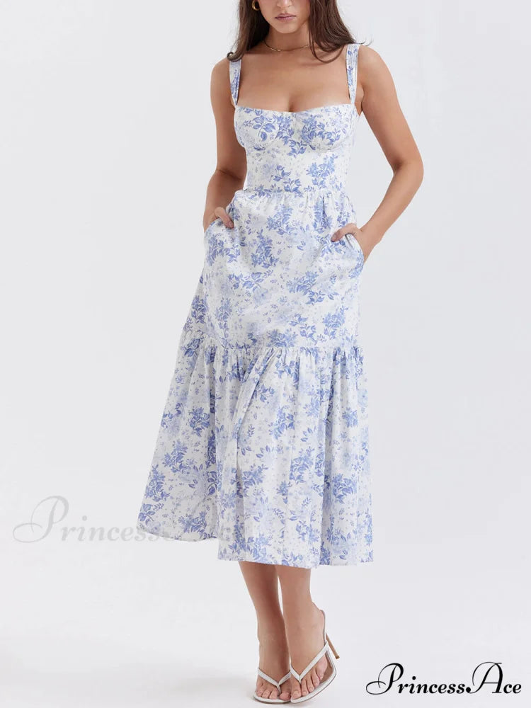 Strap A-Hem Stylish Floral Midi Dress Blue / S