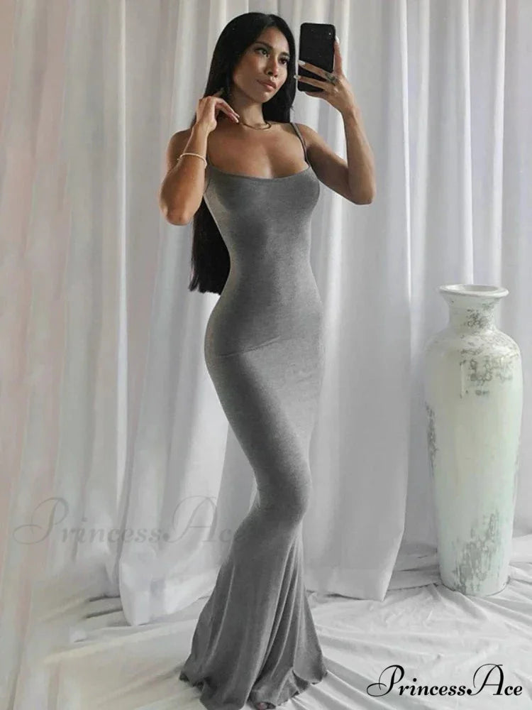 Strap Backless Long Casual Maxi Dress GRAY / S