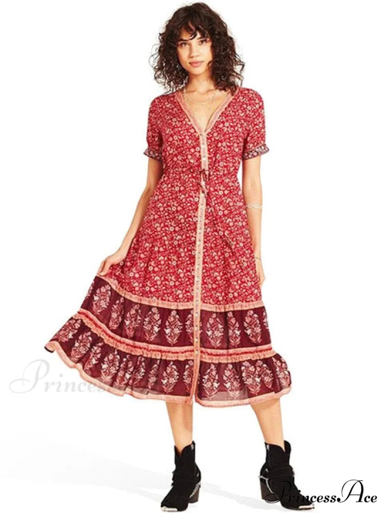 Strap Floral Print High Waist V-neck Single-breasted Midi Dress GREEN / L