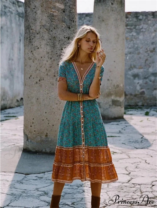 Strap Floral Print High Waist V-neck Single-breasted Midi Dress GREEN / L