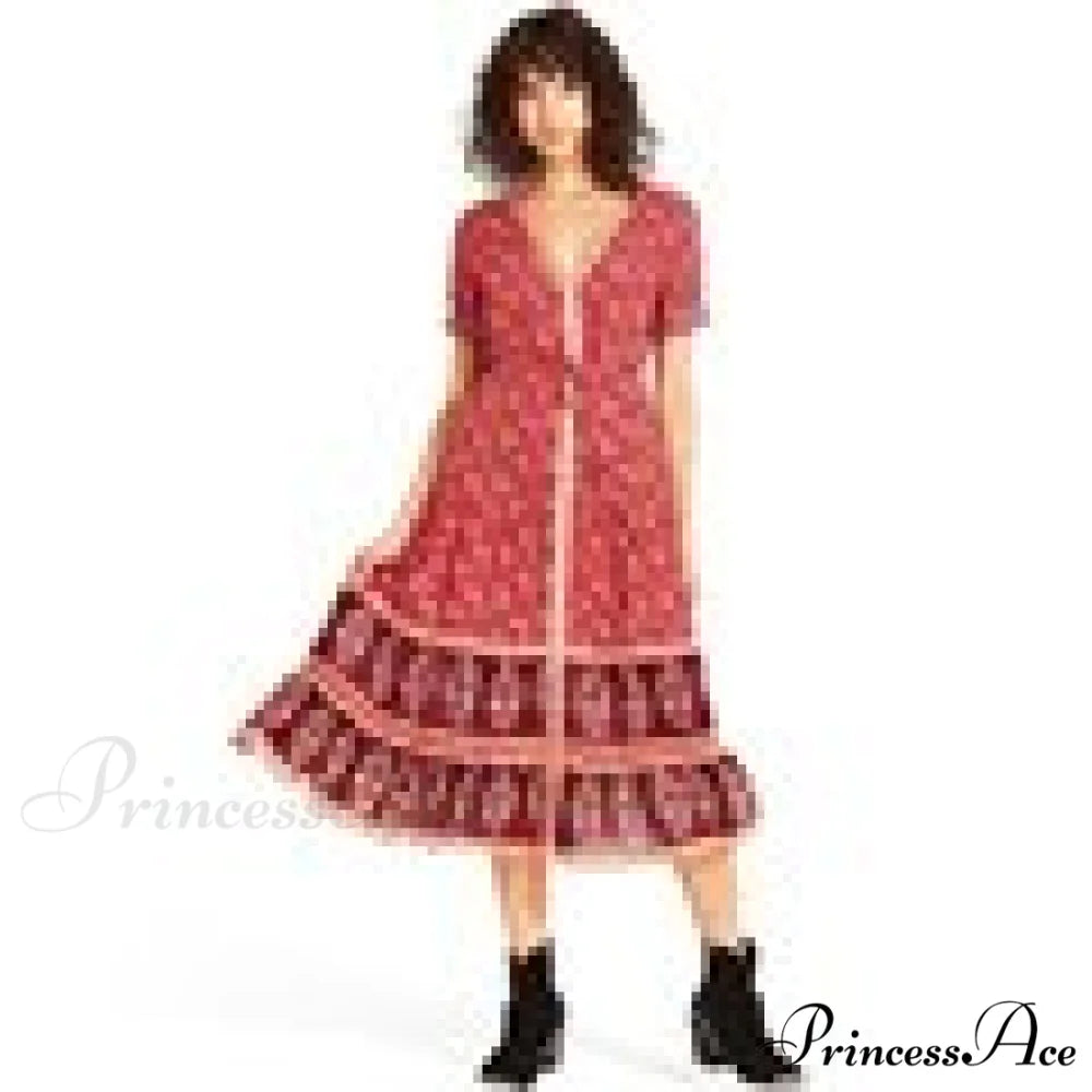 Strap Floral Print High Waist V-neck Single-breasted Midi Dress GREEN / L