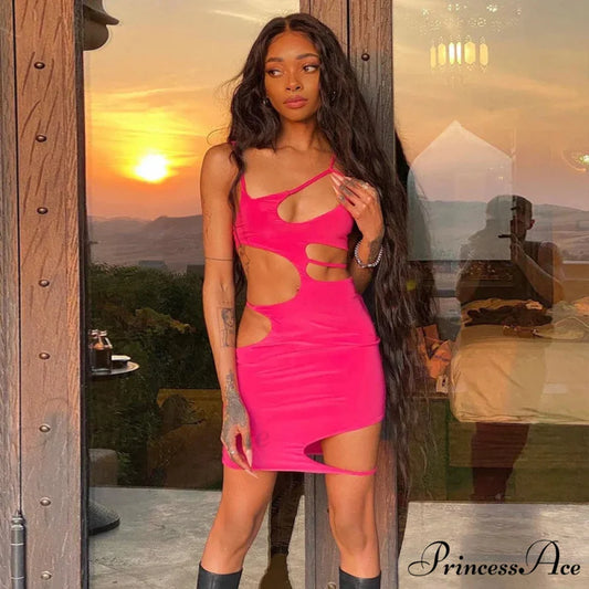 Strap Hollow Tight Solid Sexy Perforated Cut Out Dress Rose Red / S