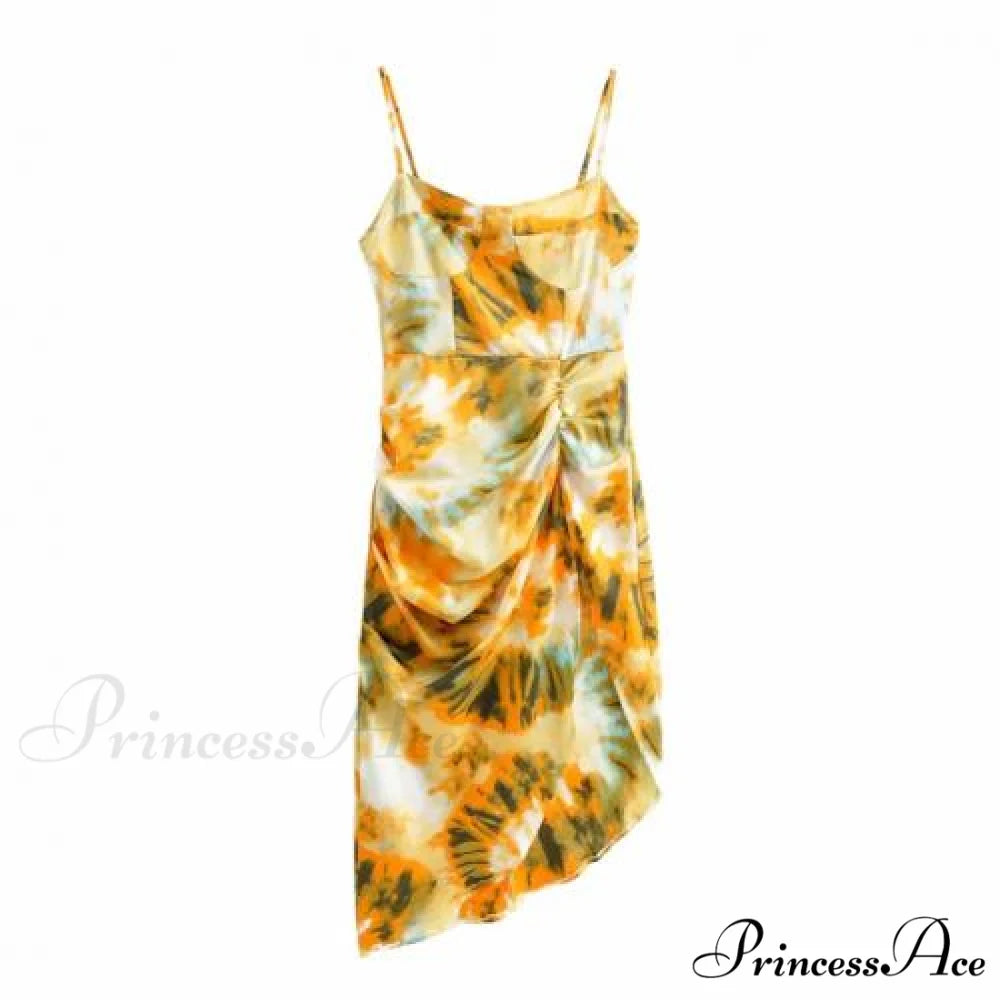 Strap Ruched Side Slit Irregular Hem Midi Dress Light Yellow / S