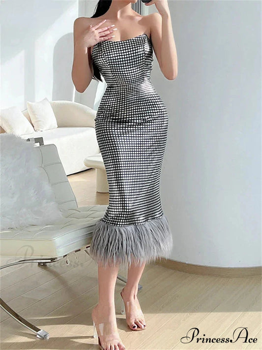Strapless Backless Evening Party Club Elegant Faux Fur Slim Midi Dress GRAY / S